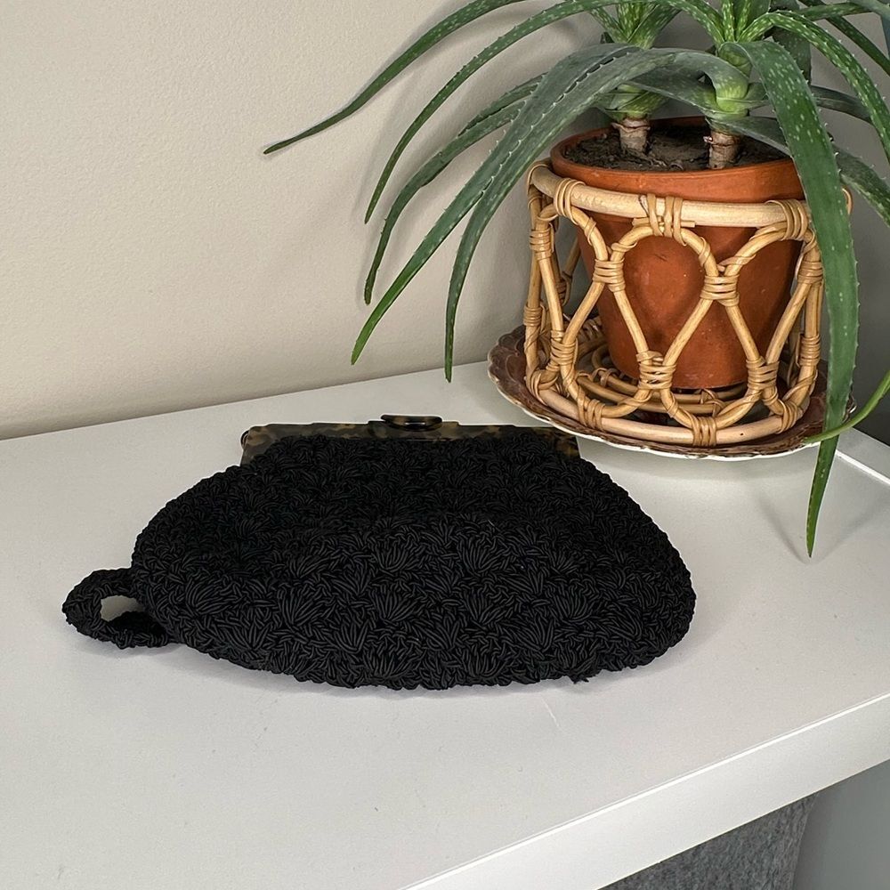 Vintage Marilyn Pivnick Black Knit Handbag Tortoise Lucite Frame & Coin Purse - Picture 14 of 14